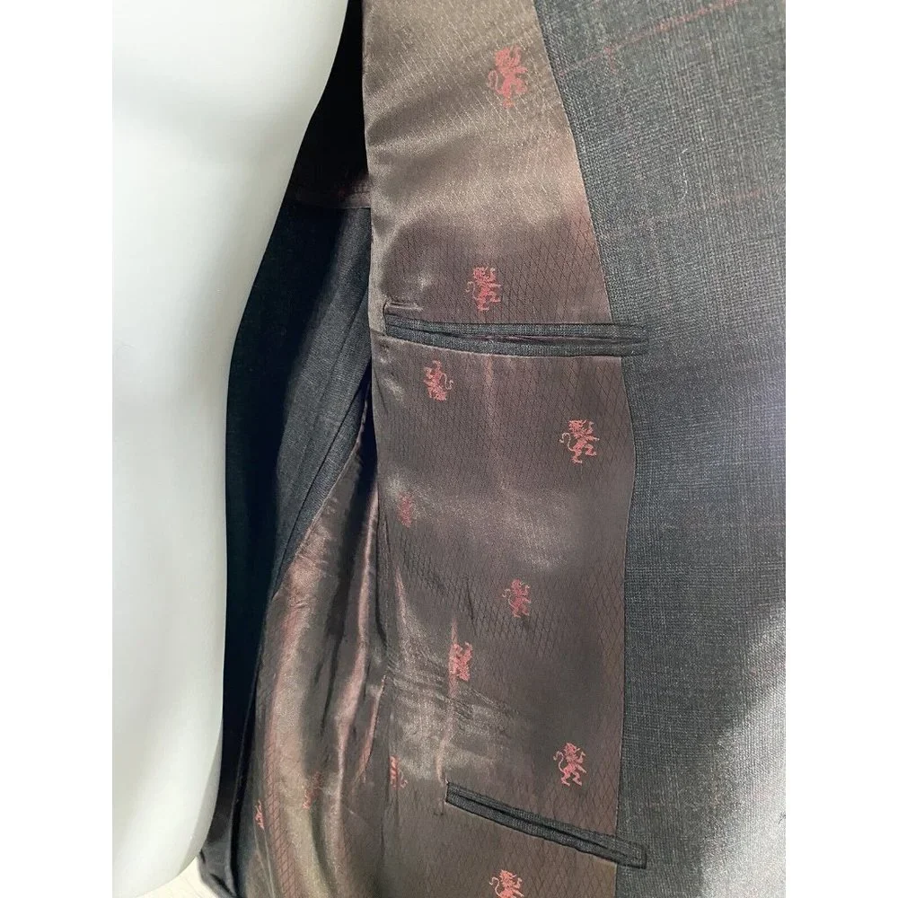VTG Hand Made Elia Levi Gray Red Plaid 2 Button Blazer Jacket 44 *